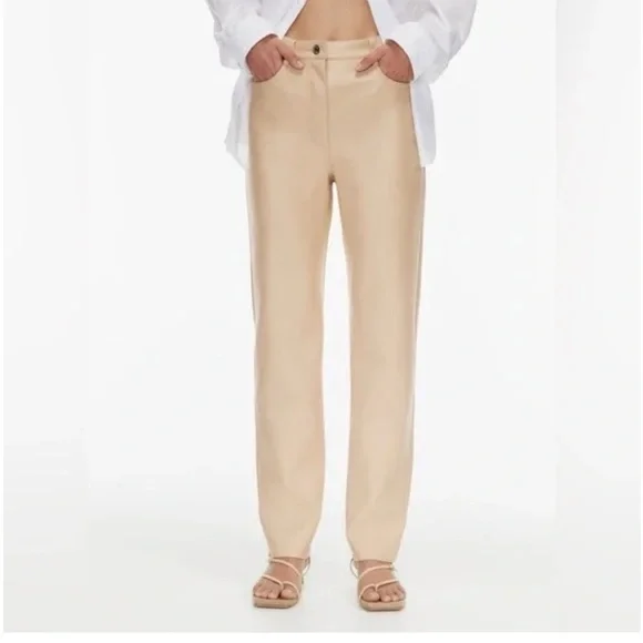 Wilfred Aritzia Melina Vegan Leather Straight Leg Pants - Cream Beige - Size 8 - Picture 3 of 12